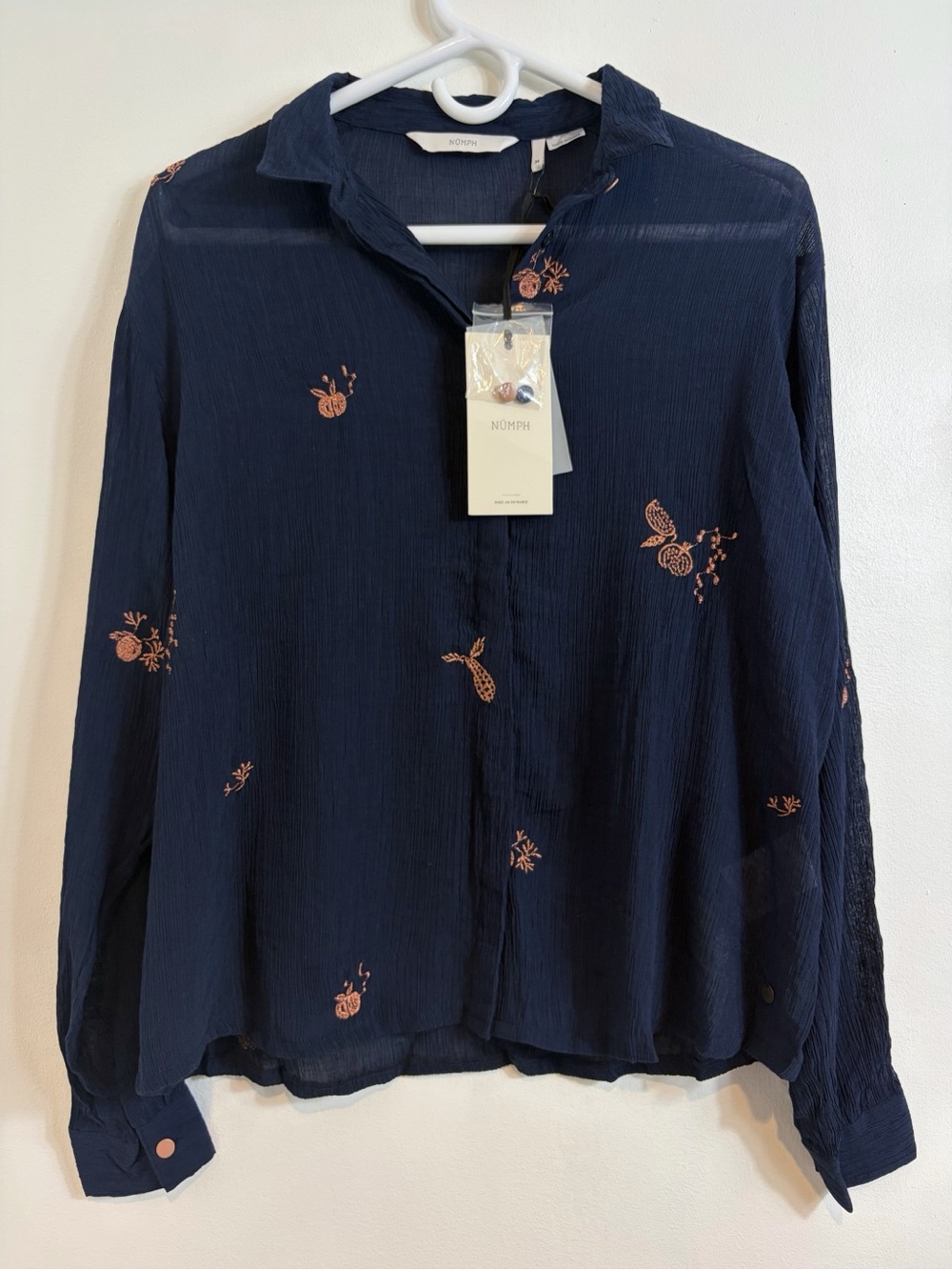 Anthropologie Nümph Metallic Embroidered Fruit Sheer Navy Button Down Blouse
